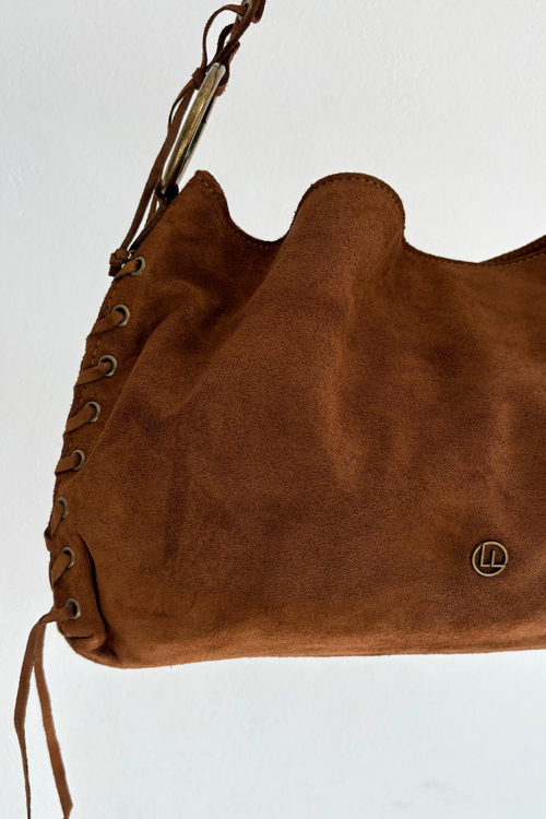 Zamszowa Torebka Z Ozdobnym Sznurowaniem Camel Janelis