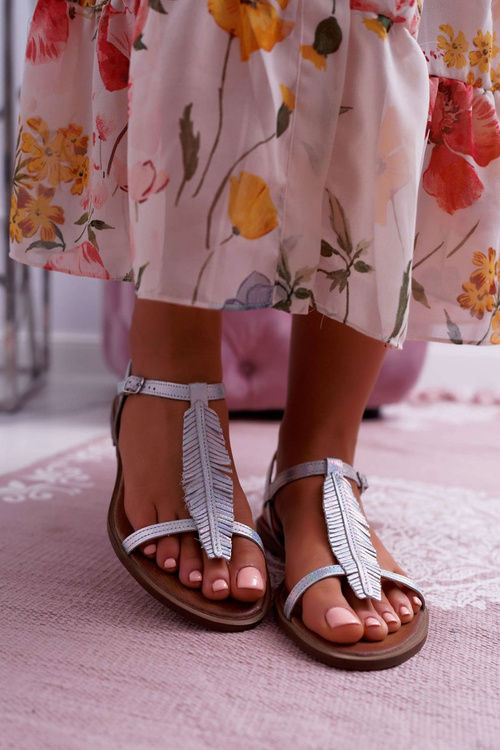 Women's Flat Leather Sandals Silver Nicole 2383
