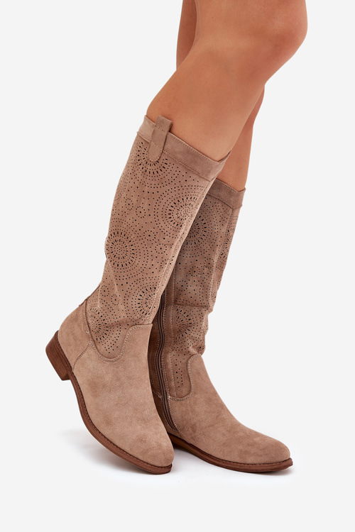 Boots With Perforated Shaft On Flat Heel S.Barski HY51-860 Beige
