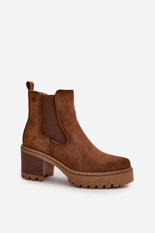 Damskie Botki Na Słupku Ocieplane Eko Zamszowe Brązowe Irissinae