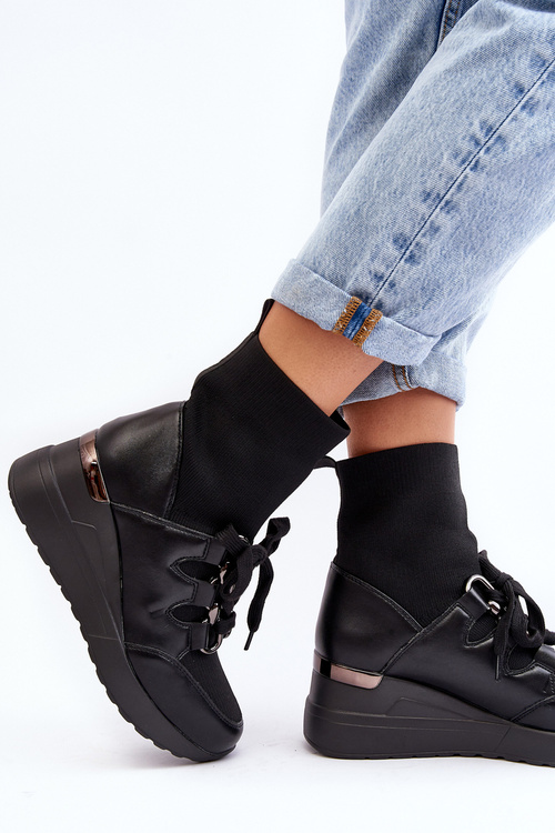 Botki Damskie Koturn Skarpeta Czarne Helladina KL863