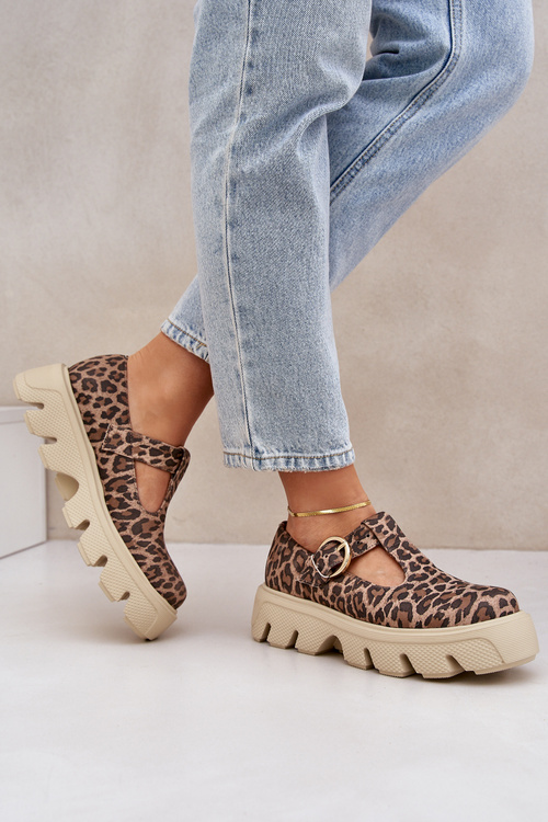 Suede Loafers With Buckle In Leopard Print Zazoo 20183 Brown