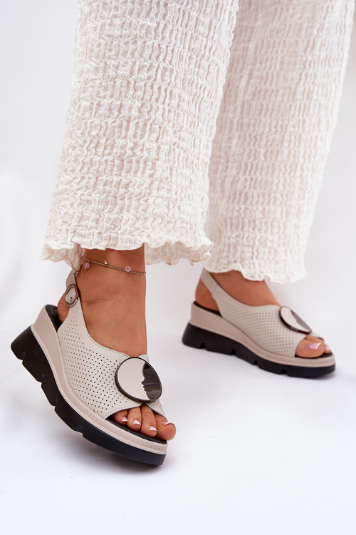 Leather Women's Wedge Sandals with Decoration S.Barski LR51-788 Beige