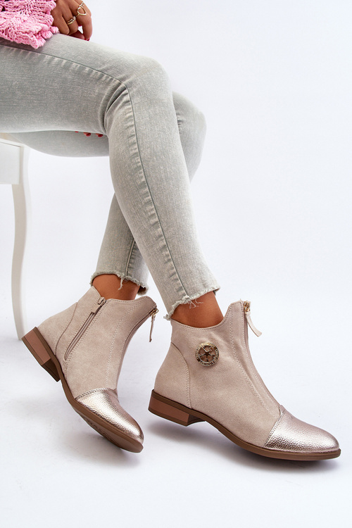 Women's Ankle Boots with Flat Heel and Zip Beige Loratie