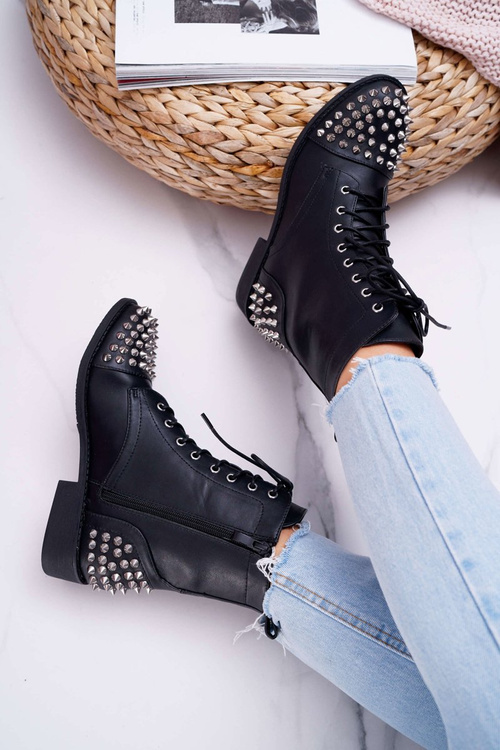 Damskie Botki Lu Boo Czarne Workery z Ćwiekami Tension