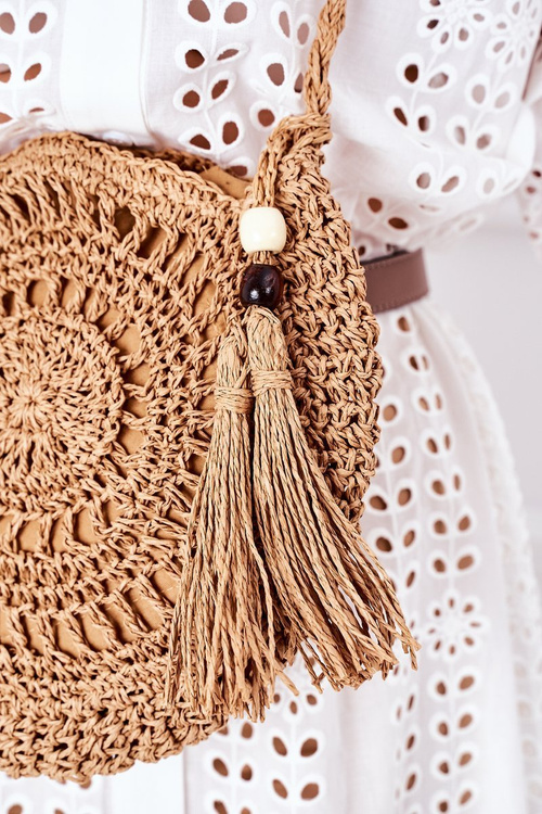 Pleciona Okrągła Torebka Boho BRUNO ROSSI Camel