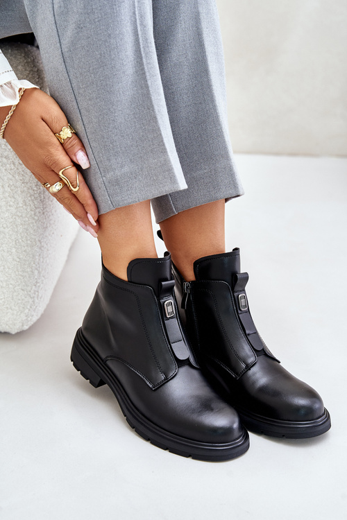 Leather Ankle Boots With Flat Heel Warm Black Komisa