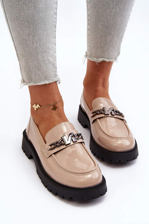 Women's Patent Leather Loafers with Flat Heel Beige Ezoma