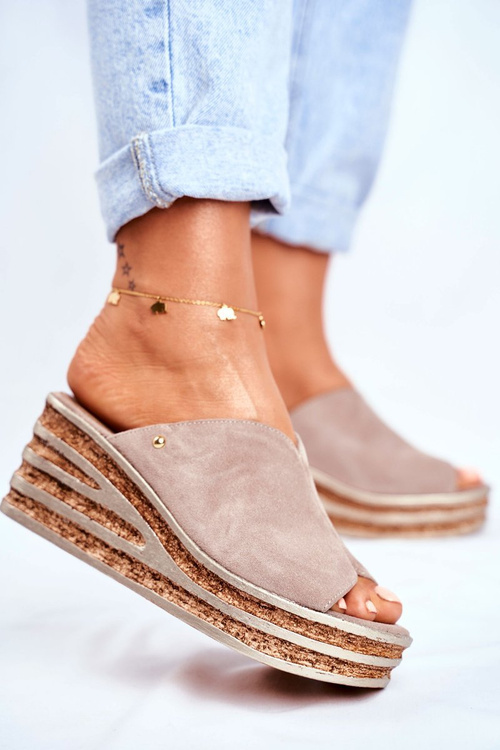 Leather Wedge Slippers Cappuccino Nicole 2559