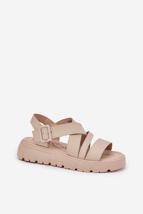 Women's Leather Platform Sandals With Buckle Beige Selianae