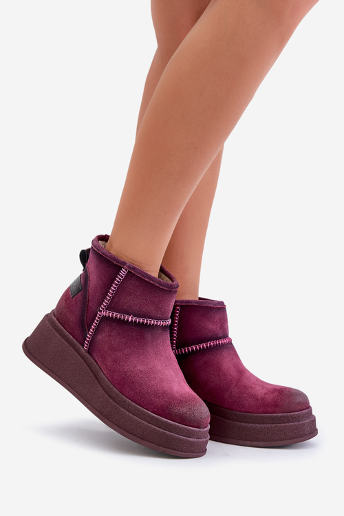 Damskie Śniegowce Botki Skórzane Zamszowe Na Platformie I Koturnie Bordowe Maciejka 06769-23