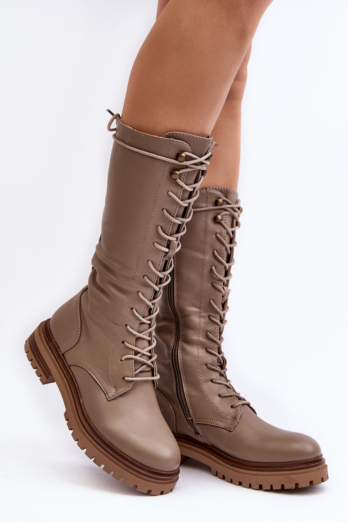 Women's Mid-Calf Lace-Up Combat Boots Beige Elavettsa