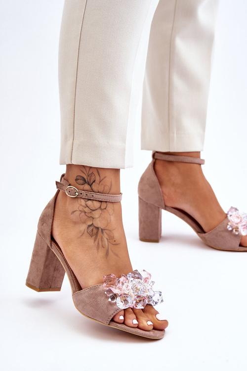 Elegant High Heel Sandals With Crystals Dark beige Cameron