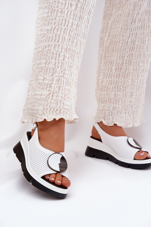 Leather Women's Wedge Sandals With Decoration S.Barski LR51-788 White
