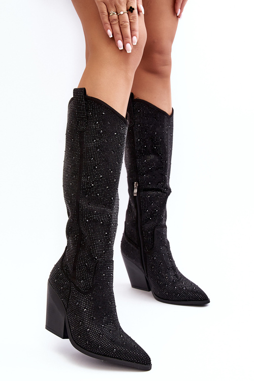 Kozaki Kowbojki Damskie Przed Kolano Dżety Czarne C-295