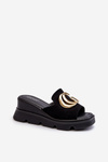 Women's Slippers Made Of Eco Suede On Wedge And Platform With Gold Decoration Vinceza 58295 Black