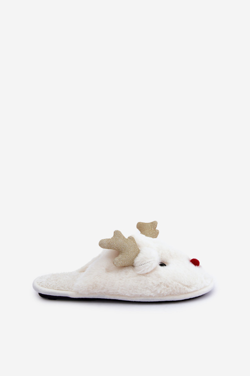 Christmas Slippers With Reindeer Motif Fur White Asielle