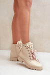 Beige Boots With Pearls, Rhinestones And Ribbon Nudago