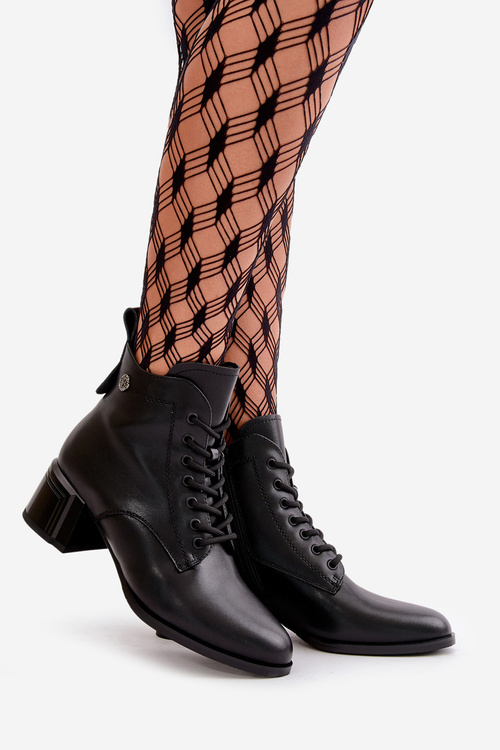 Lace Up Women's Heeled Boots Made Of Natural Leather Insulated Black Vinceza 91110