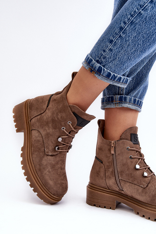 Botki Damskie Ocieplane Suwak Ciemnobeżowe Cameronia TR796