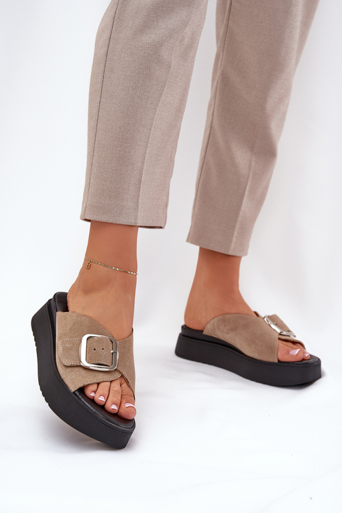 Klapki Damskie Zamszowe Na Platformie Klamry Beżowe Zazoo 3019