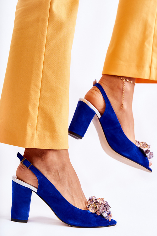 Fashionable Suede Pumps Sandals With Crystals Navy Nolissa