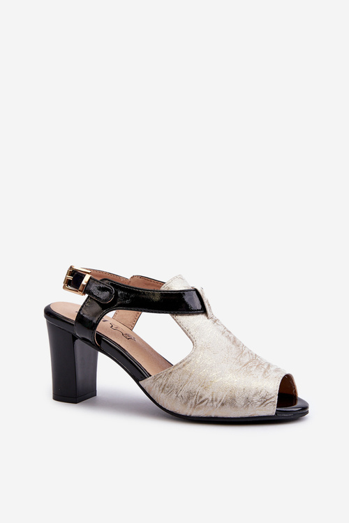 Sandały Damskie Na Obcasie Słupku Eko Skórzane Złoto-Czarne Queenmarie ASA228-3