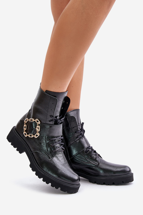 Lacquered Ankle Boots With Decorative Buckle Black Zazoo