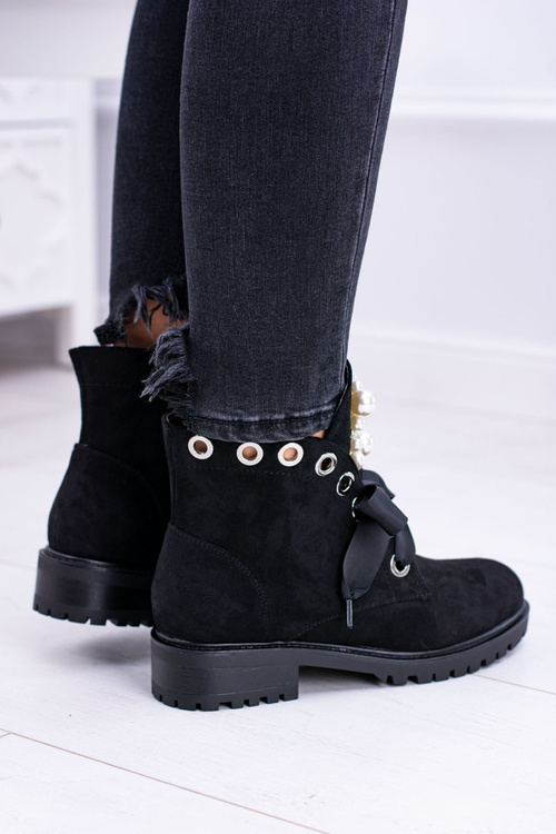 Suede Lined Ankle Boots With Pearls And Ribbon Black Perla