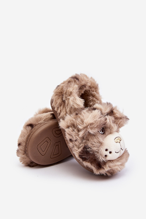 Children's furry slippers with bear dark beige Apolanie