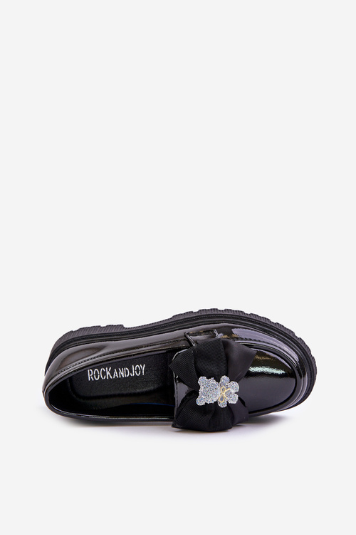 Eko Skórzane Mokasyny Dla Dziewczynki Z Kokardką Lakierowane Czarne Avallesa