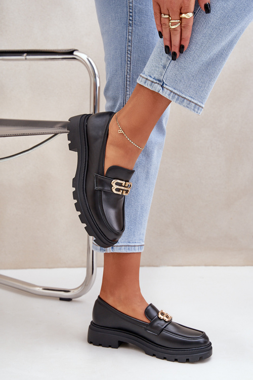 Eko Skórzane Mokasyny Damskie Z Ozdobą Czarne Trionna