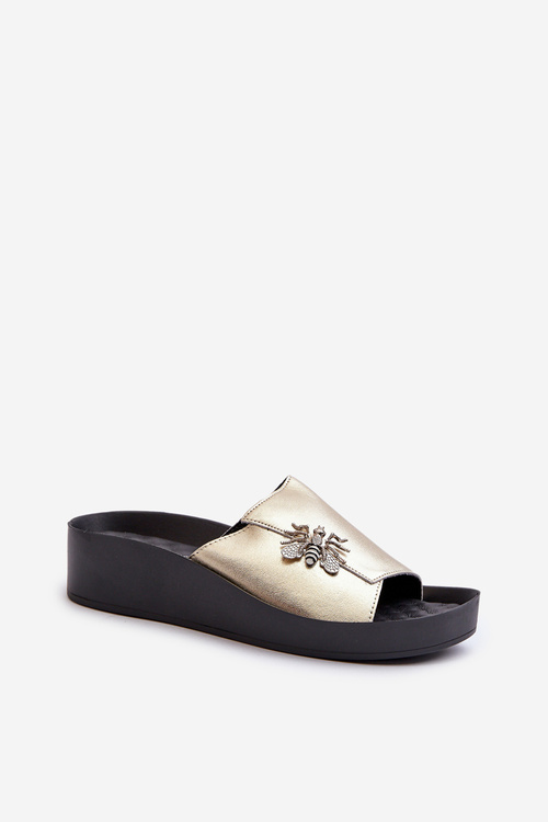 Klapki Damskie Eleganckie Skórzane Z Ozdobą Złote S.Barski KV27-015