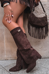 Eco Suede Boots Heel Block Zipper Insulated Folded Shaft Chocolate Evyra