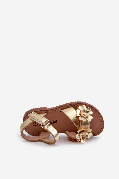 Children's sandals adorned with flowers, fastened with velcro, golden Fagossa