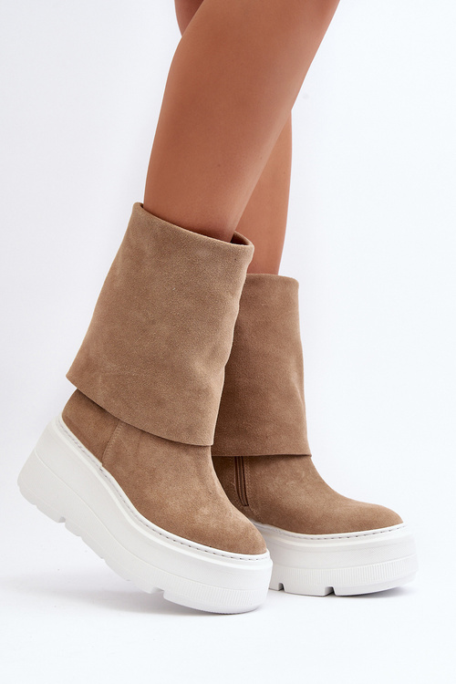 Zazoo 3410 Zamszowe Damskie Botki Masywna Platforma Beżowe