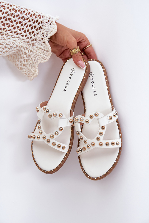Embellished Flat Women's Slippers White Adivrae