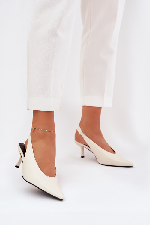 Szpilki Eko Skórzane Odkryta Pięta Noski W Szpic Ecru Aricandia