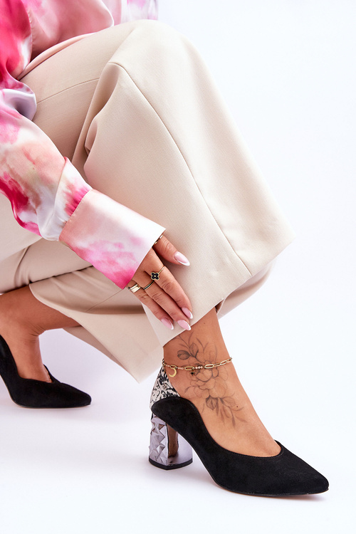 Czółenka Zamsz Ozdobny Obcas Czarne Maciejka 05042-43