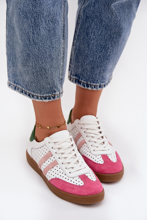 Damskie Sneakersy Skóra Naturalna Ażurowe Biało-Różowe Zazoo N1318