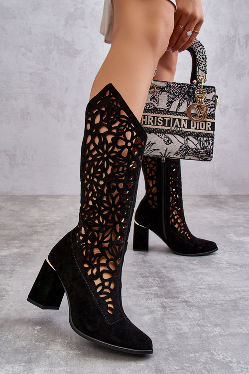 Kozaki Zamsz Ażur Czarne Lewski Shoes 3234