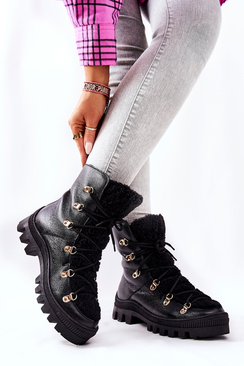 Padded Leather Trapper Boots Black Cateline