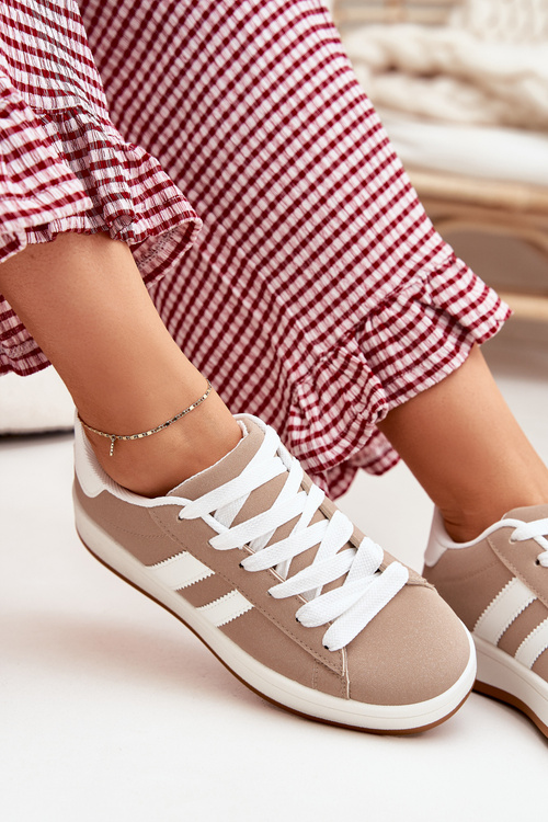 Eko Skórzane Sneakersy Buty Sportowe Damskie Ciemnobeżowe Ravina