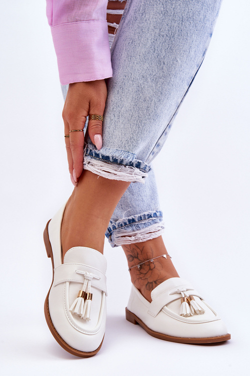 Classic Fringed Leather Loafers White Camis