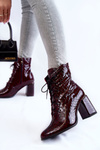 Women's Laquered Ankle Boots Crocodile Pattern Burgundy Alva