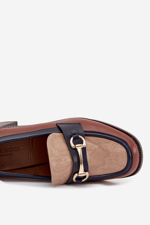 Women's Low Heel Shoes with Embossing and Gold Detail Beige-Brown Novella