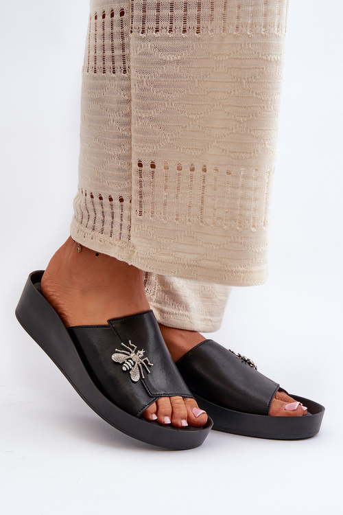 Klapki Damskie Eleganckie Skórzane Z Ozdobą Czarne S.Barski KV27-015