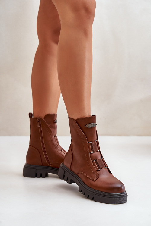 Warm ankle boots worker ladies with zipper eco leather brown Mailyra
