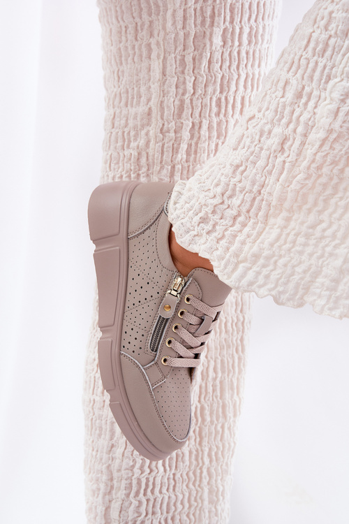 Sneakersy Buty Sportowe Damskie Na Platformie Skórzane Ciemnobeżowe Vinceza 88019