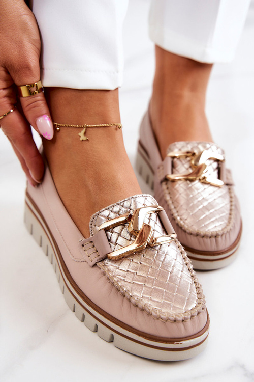 Mokasyny Damskie Skórzane Platforma Beżowe Venesia